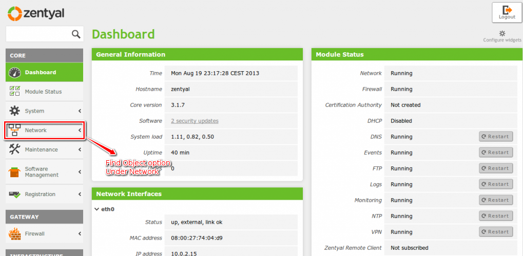 Network option in zentyal Dashboard