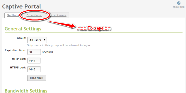 Exception tab in Capative portal.