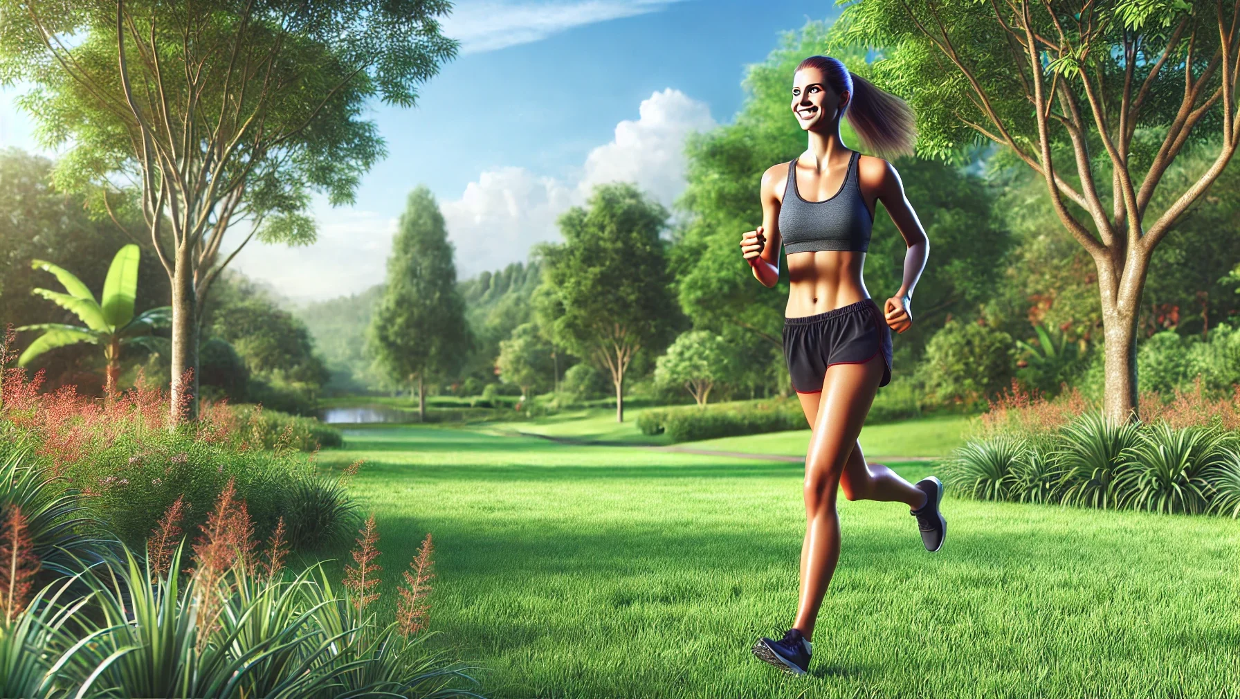 A photorealistic image of a young woman running in a lush green park with toned but not overly muscular arms and legs, surrounded by vibrant grass, trees, and a clear blue sky, symbolizing health and fitness.