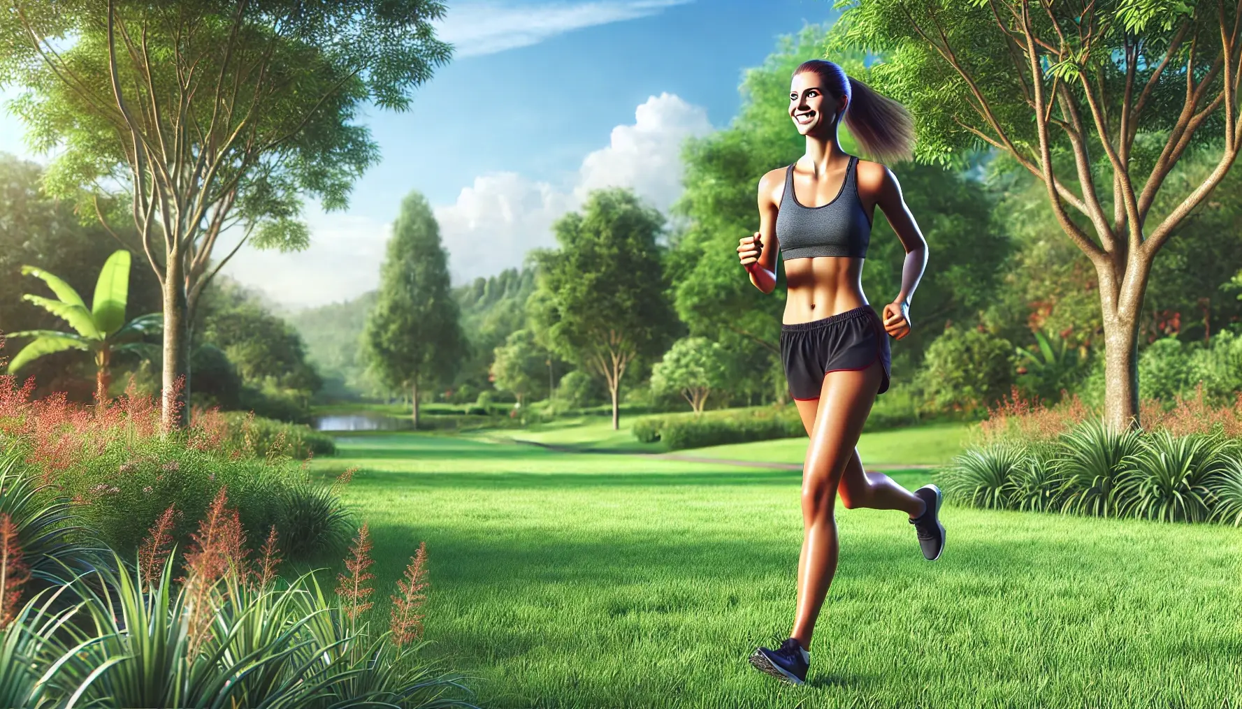 A photorealistic image of a young woman running in a lush green park with toned but not overly muscular arms and legs, surrounded by vibrant grass, trees, and a clear blue sky, symbolizing health and fitness.