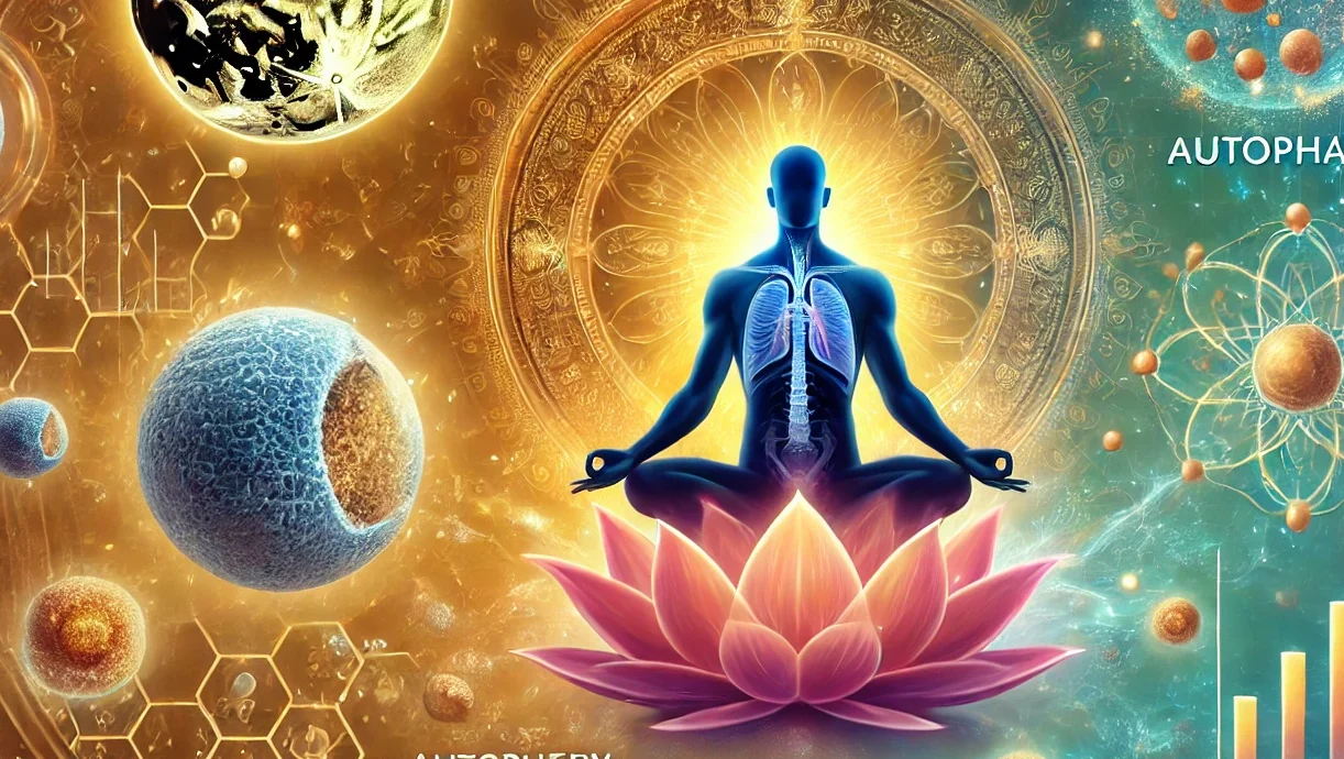 serene individual meditating in a lotus position, surrounded by an ethereal glow representing energy and healing, with visuals of cellular activity showcasing autophagy and elements of Indian tradition like the Ekadashi moon and sacred texts in the background.