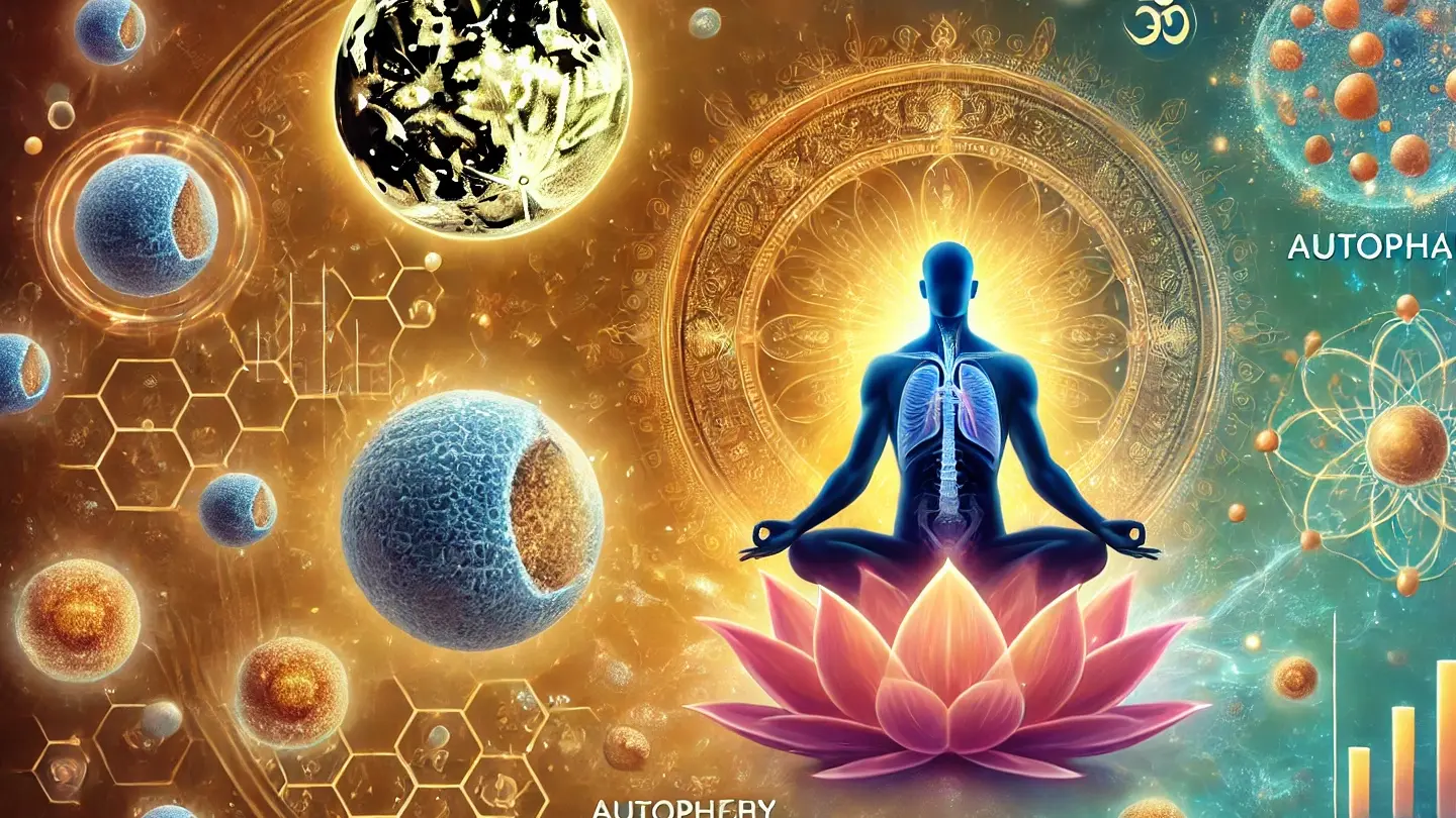 Serene individual meditating in a lotus position, surrounded by an ethereal glow representing energy and healing, with visuals of cellular activity showcasing autophagy and elements of Indian tradition like the Ekadashi moon and sacred texts in the background.