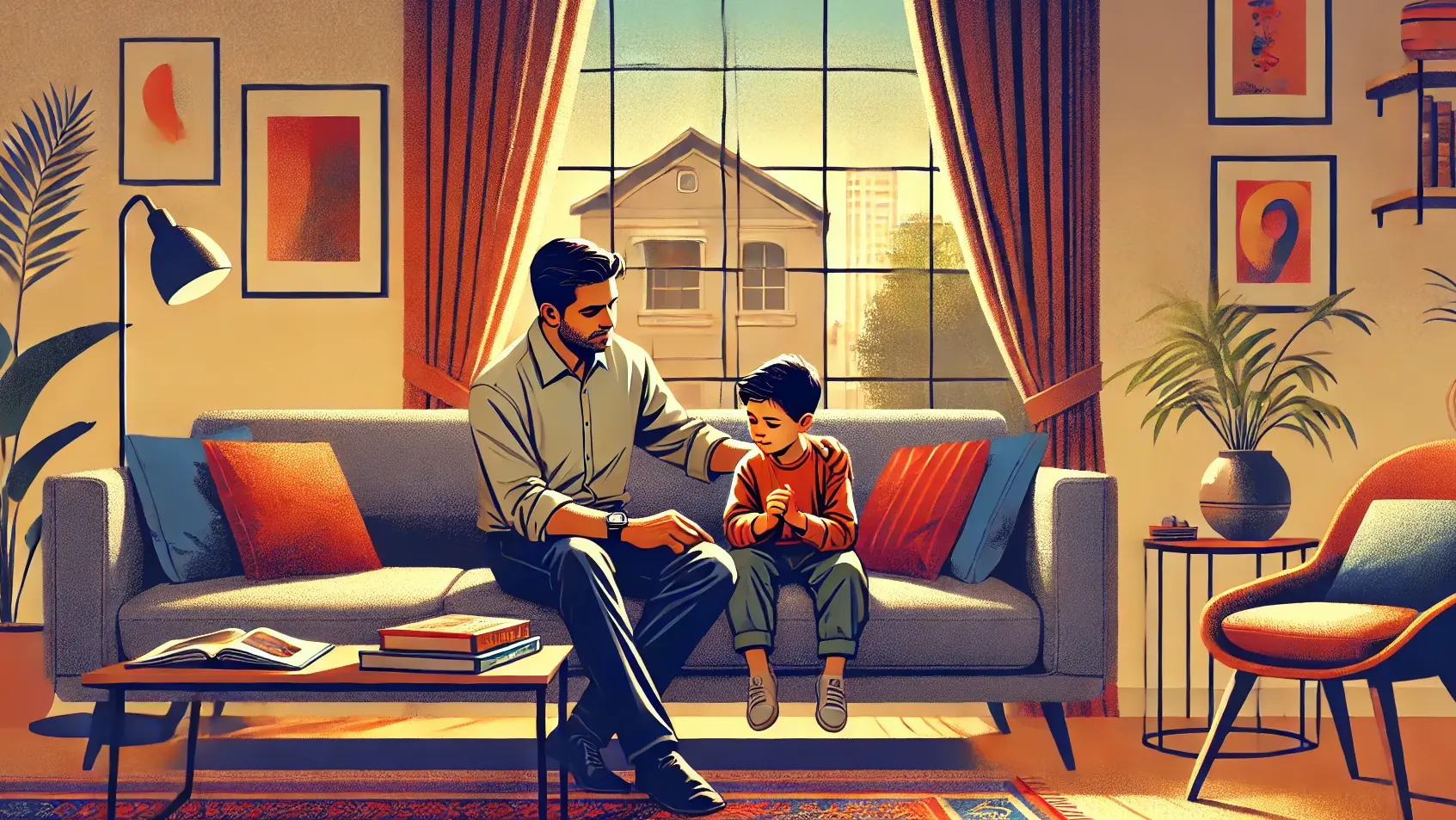 A modern Indian father sitting on a sofa with his young son, gently calming him during a moment of distress. The boy is holding a toy tightly, and the background features a cozy living room with modern décor.