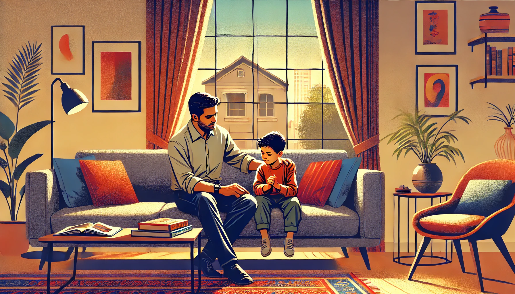 A modern Indian father sitting on a sofa with his young son, gently calming him during a moment of distress. The boy is holding a toy tightly, and the background features a cozy living room with modern décor.
