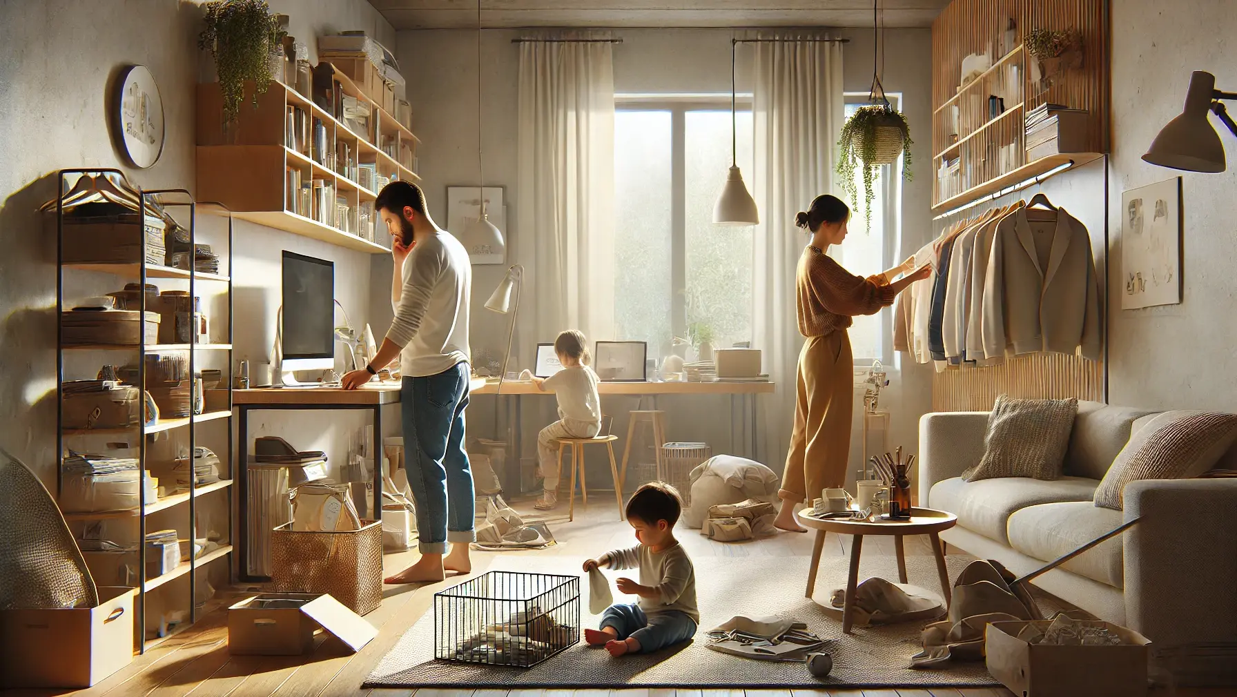 A photorealistic minimalist home scene showing a husband and wife organizing their space creatively, with one arranging personal items and the other helping their child organize home materials. The surroundings are clean, well-lit, and reflect intentional living.