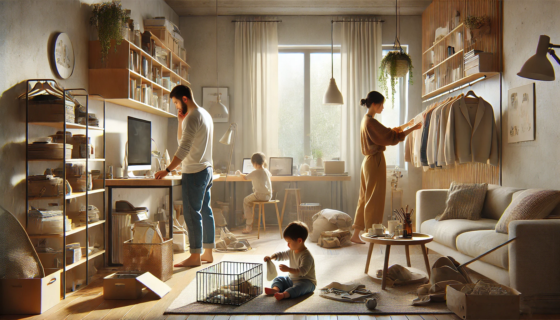 A photorealistic minimalist home scene showing a husband and wife organizing their space creatively, with one arranging personal items and the other helping their child organize home materials. The surroundings are clean, well-lit, and reflect intentional living.