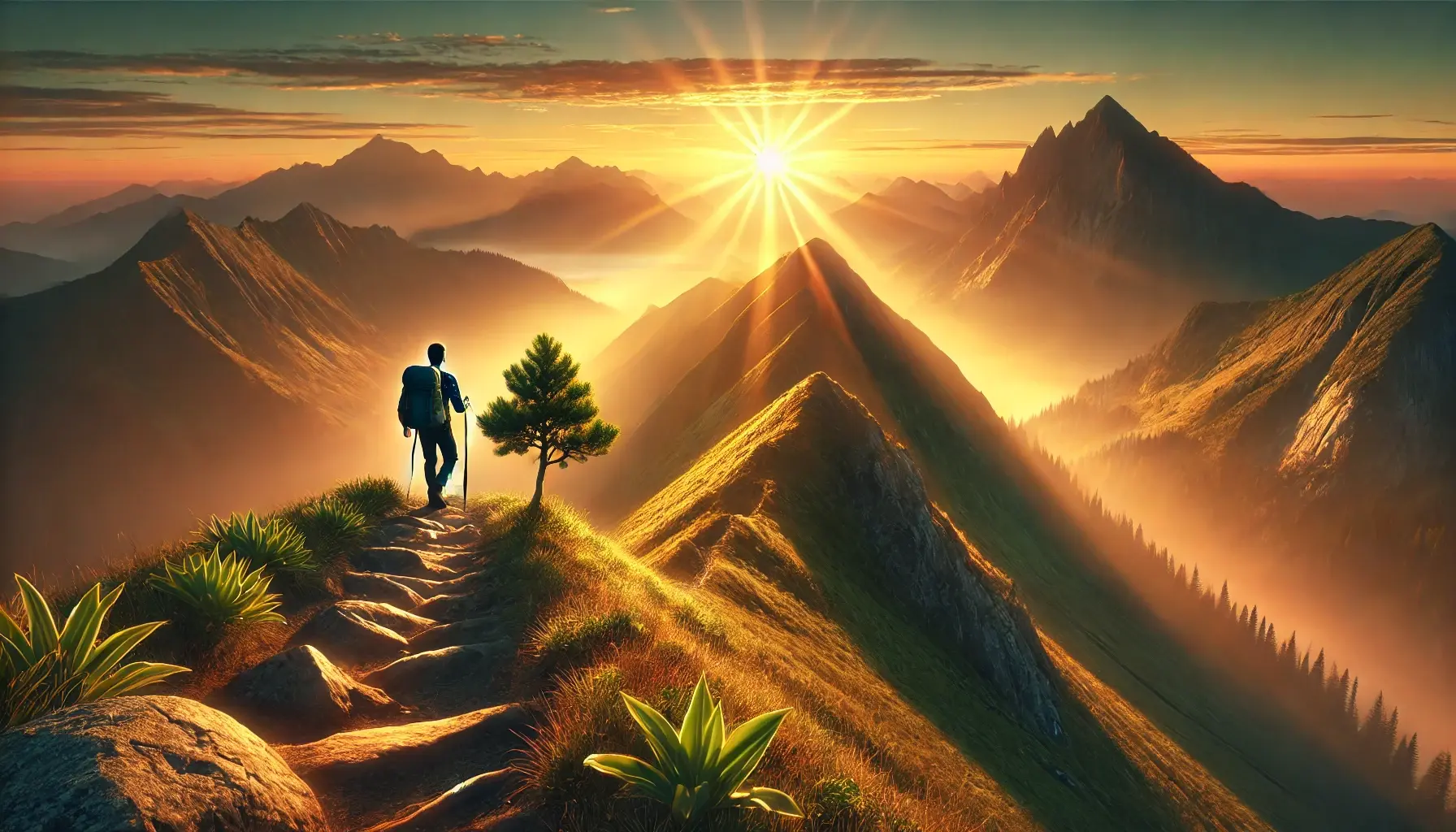 A motivational sunrise over a mountain peak with a lone hiker climbing a trail, symbolizing growth, resilience, and achieving greatness through discipline and perseverance.