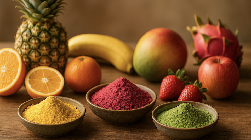 A colorful assortment of fruit powders in bowls, surrounded by fresh fruits and natural ingredients, representing a small-scale fruit powder manufacturing setup.