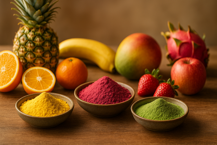 A colorful assortment of fruit powders in bowls, surrounded by fresh fruits and natural ingredients, representing a small-scale fruit powder manufacturing setup.